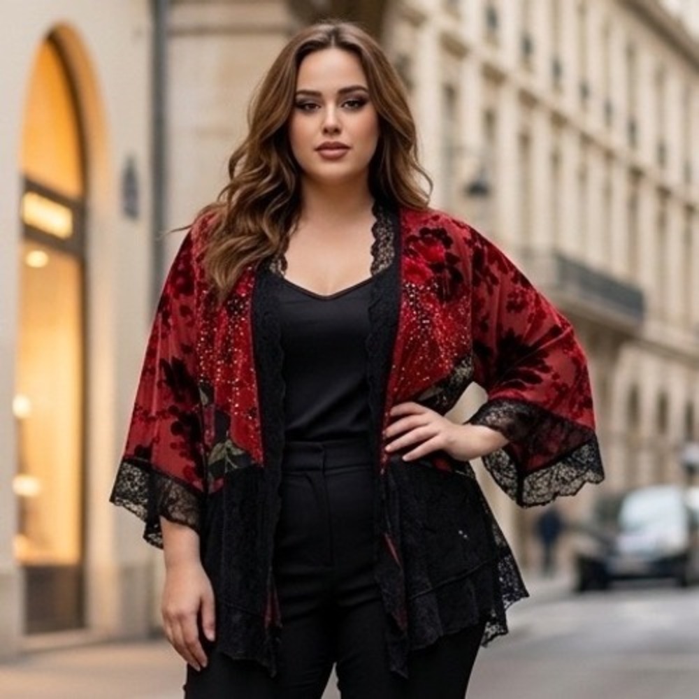 Spencer Alexis 3X Gothic Boho Floral Burnout Velvet Sequin Cardigan Shrug Kimono